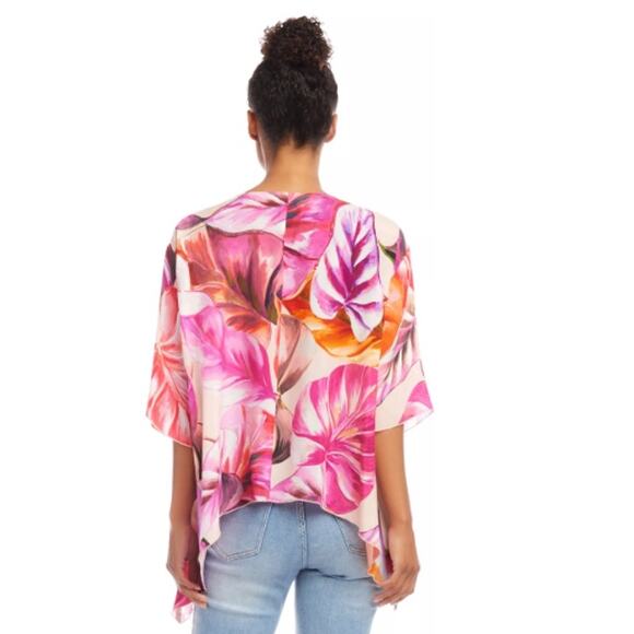 KAREN KANE TOP WOMENS SIZE LARGE TROPICAL PRINT FLARE HEM BLOUSE PINK NEW - Picture 2 of 13